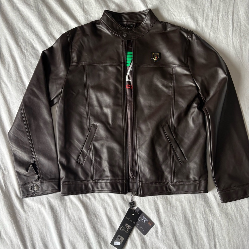 NWT A Collezioni Faux Leather Racer Jacket Dark Brown, Men's Medium